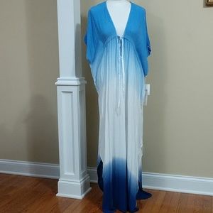 NEW Kimono Maxi Dress Green Gragon Kaftan Crinkle Gauze Ombre Blue White S-M-L